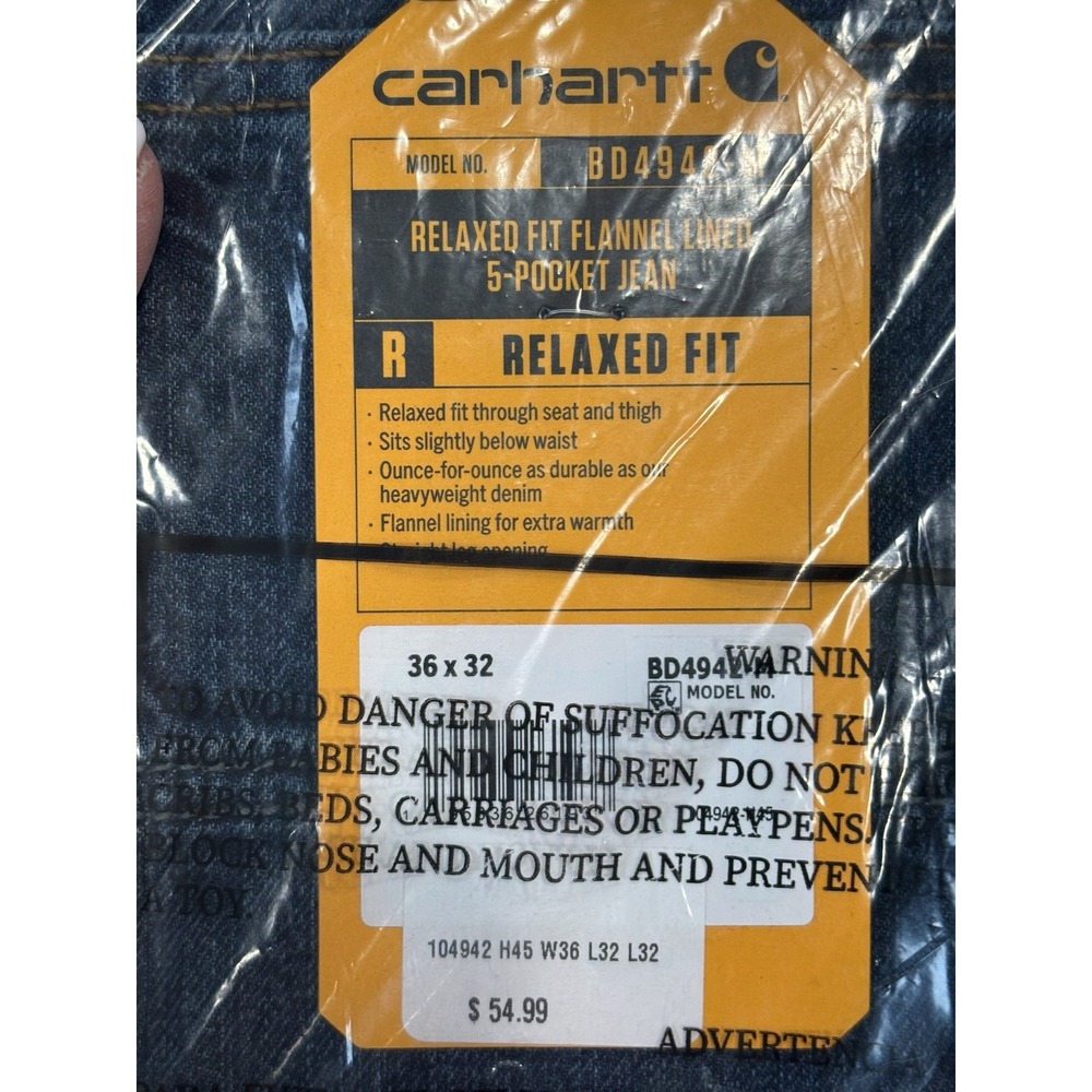 New Carhartt Fleece Lined Relaxed Fit 5-Pocket 36 x 32 Men's Jeans BD4942-M Work - Picture 2 of 9